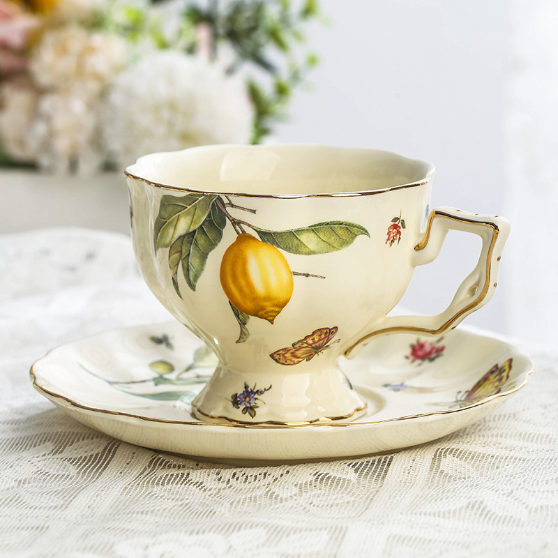 Espresso Cup Saucer - Vintage Lemon Teapot Coffee Cup and