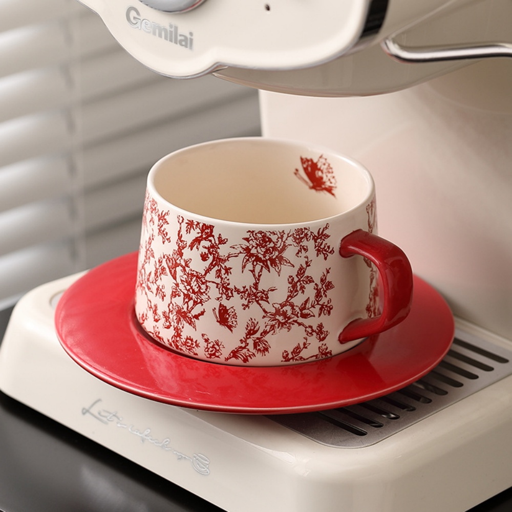 Espresso Cup Saucer - Vintage Flowers Pattern Coffee Mug With